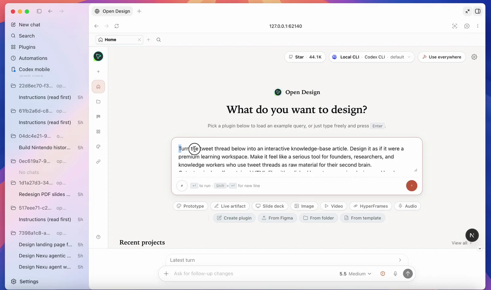 The Open Design desktop app home screen titled 'What do you want to design?', with a plugin picker and Codex selected as the agent, no terminal required.