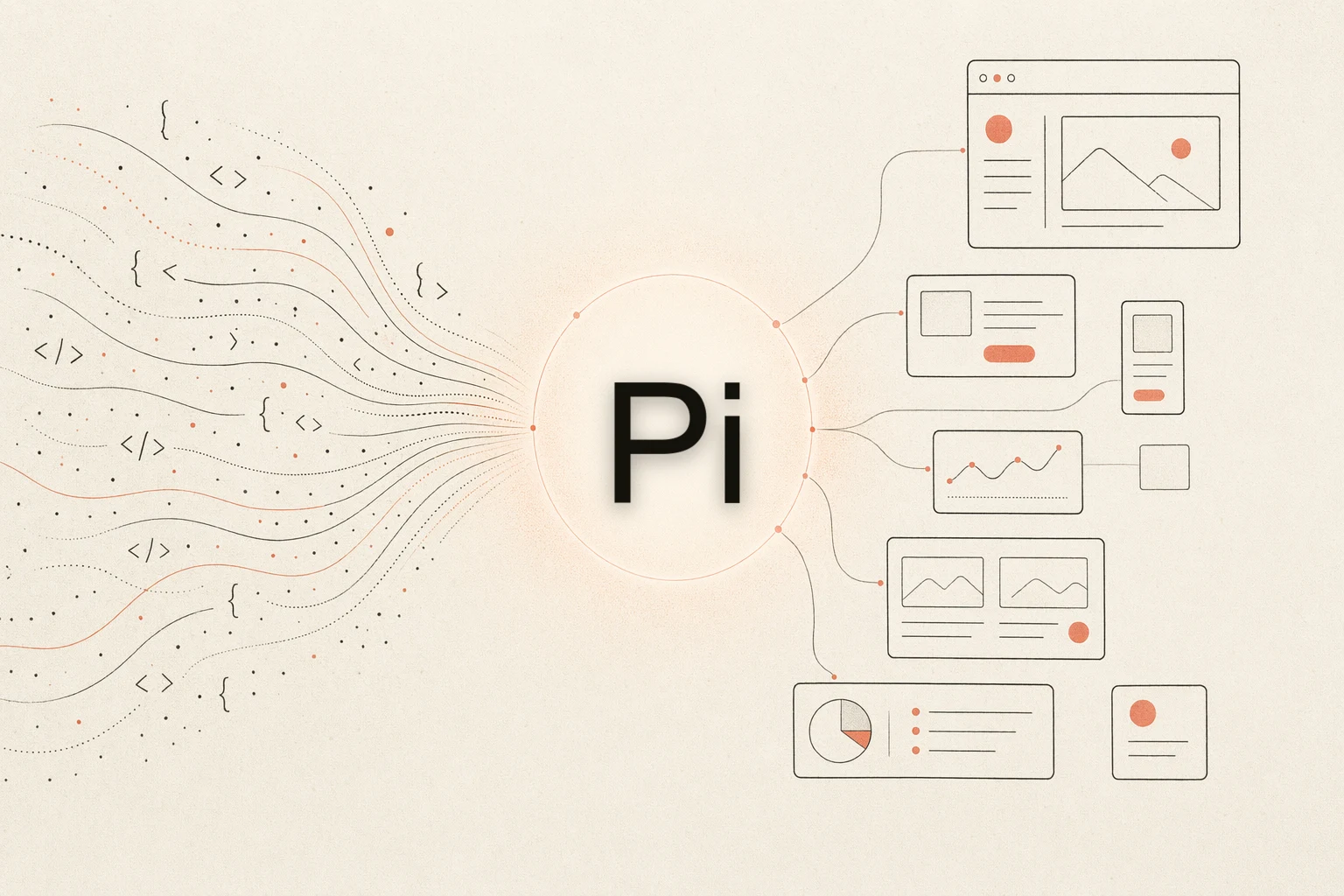 Pi design feedback loop: a terminal agent reading a reference image, a browser rendering the UI, and a workspace, with a feedback arrow looping back