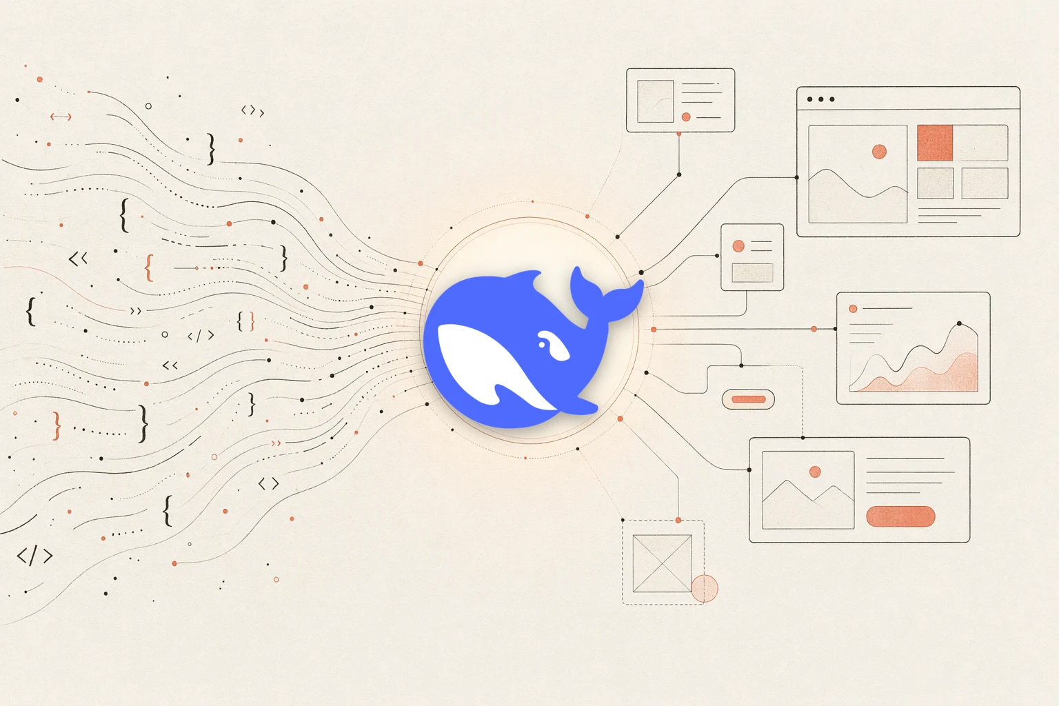 DeepSeek Reasonix design feedback loop: a terminal agent reading design references, a browser rendering the UI, and a workspace, with a feedback arrow looping back