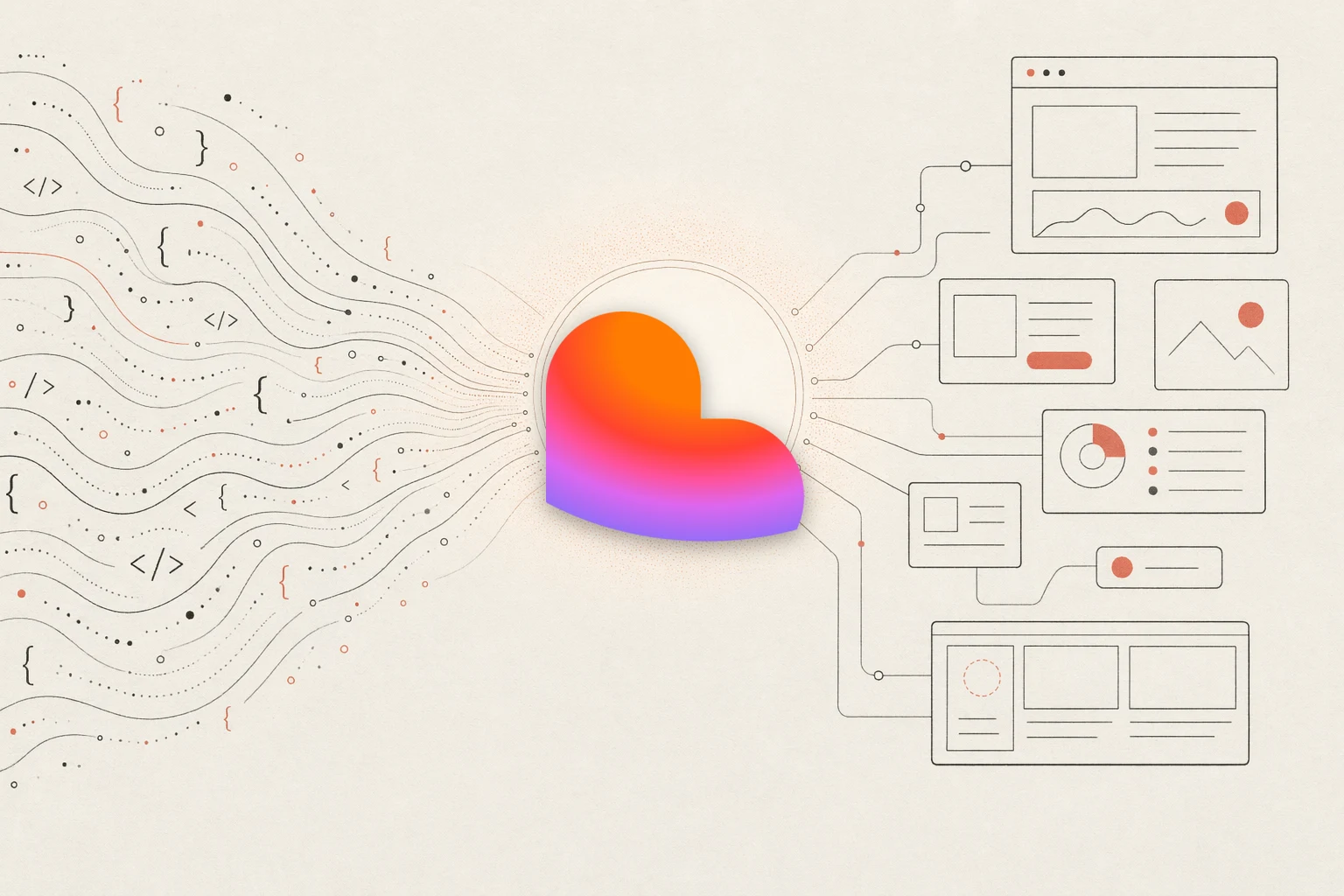 Open Design vs Lovable — warm-paper editorial illustration of code converging into a design hub