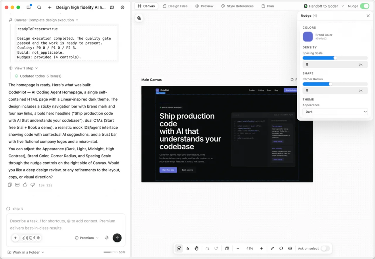 QoderWork Design — design-as-code on an infinite canvas with Questions, Design Plan and Nudge