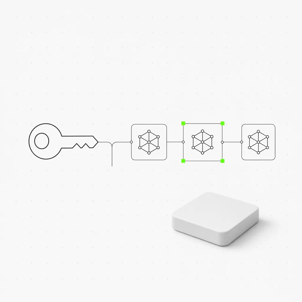 A single key wired to a row of three interchangeable model engines, the middle one selected in a green frame, on a near-white editorial ground