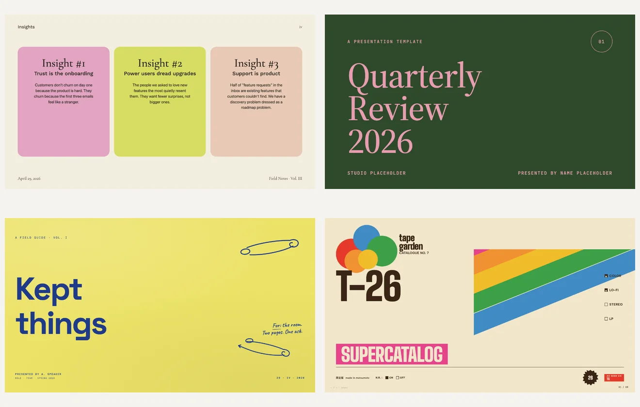 Four decks built from frontend-slides HTML templates, from soft editorial to bold retro