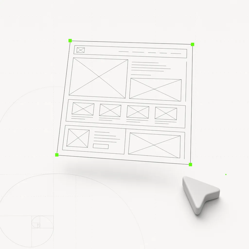 A wireframe layout skeleton lifting out as its own selectable layer above a blank canvas, in a green frame on a near-white editorial ground