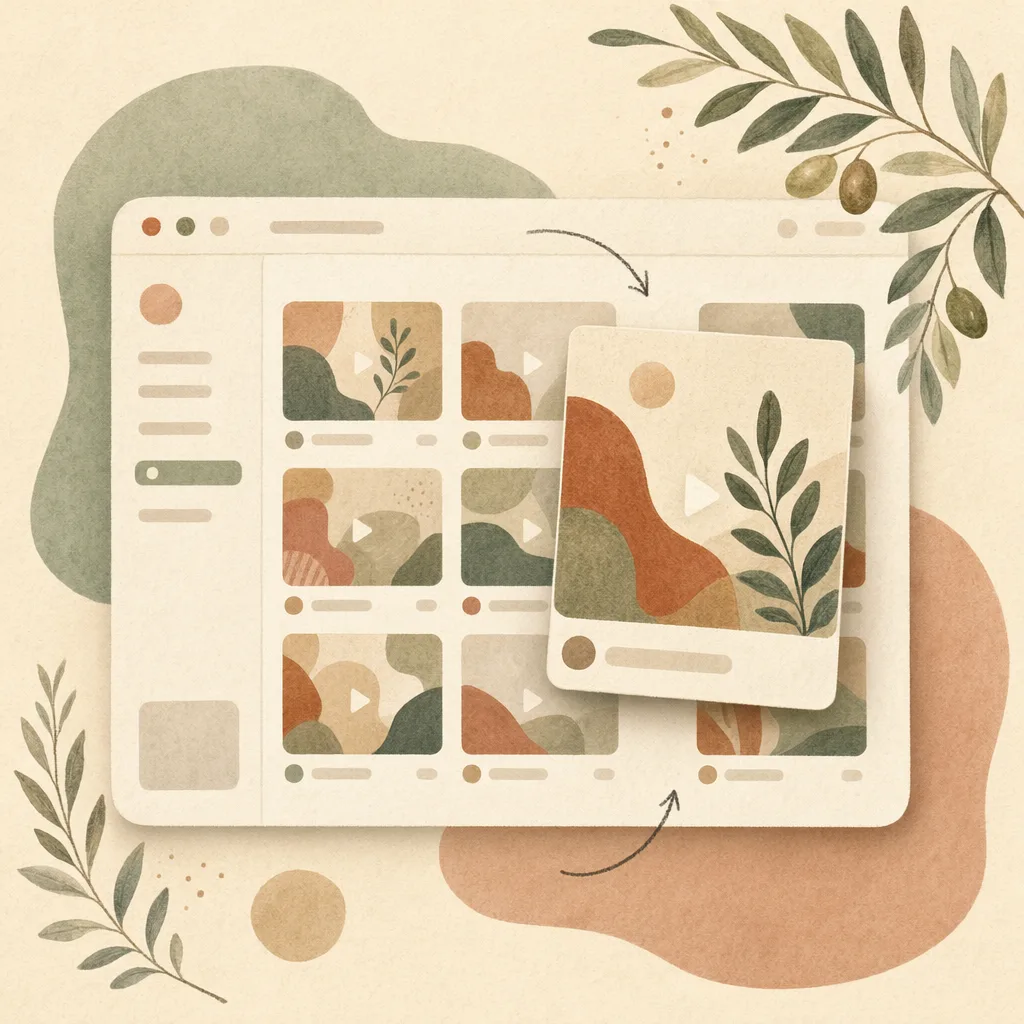 A warm editorial illustration of an app window holding a grid of preview cards, each a small thumbnail with a play triangle, one card lifted forward, on a cream paper ground with soft plants
