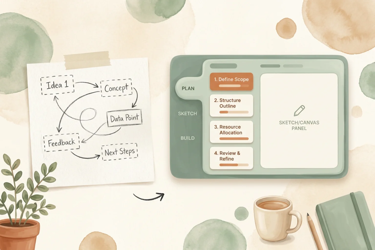 A loose Excalidraw-style sketch of boxes and arrows resolving into a structured plan outline, the plan shown as a calm sage-green interface in a warm editorial illustration