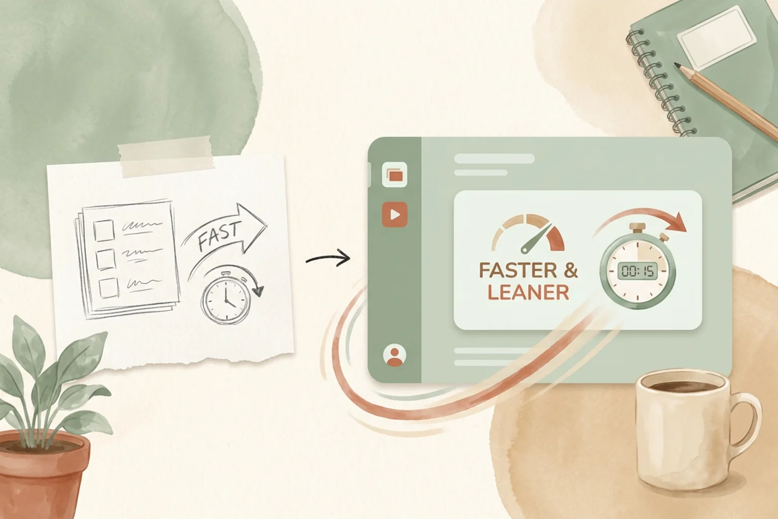A warm editorial illustration of a hand-drawn deck sketch becoming a calm sage-green slide workspace shipping fast beside a timer, on a near-white paper desk with soft plants and a coffee mug