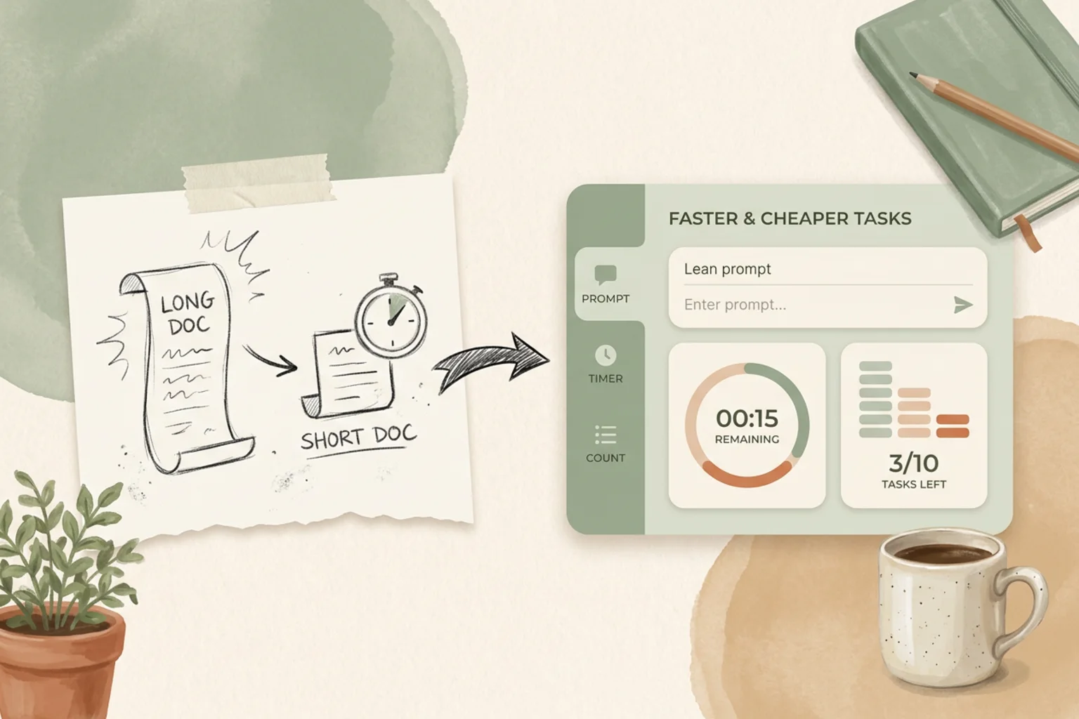 A long prompt document compressed into a leaner one, next to a shrinking timer and a falling token counter, the faster result shown as a calm sage-green interface in a warm editorial illustration