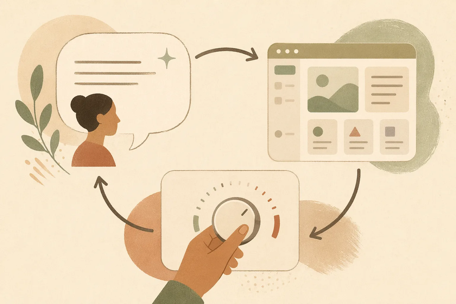 Editorial illustration of the describe, generate, and steer loop in Open Design