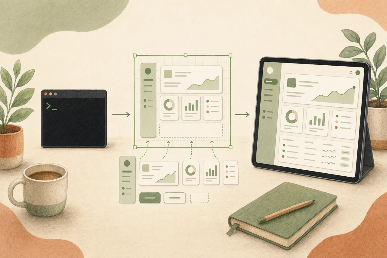 Editorial illustration of a prompt turning into a component-based UI and then production code, framed by a green selection box
