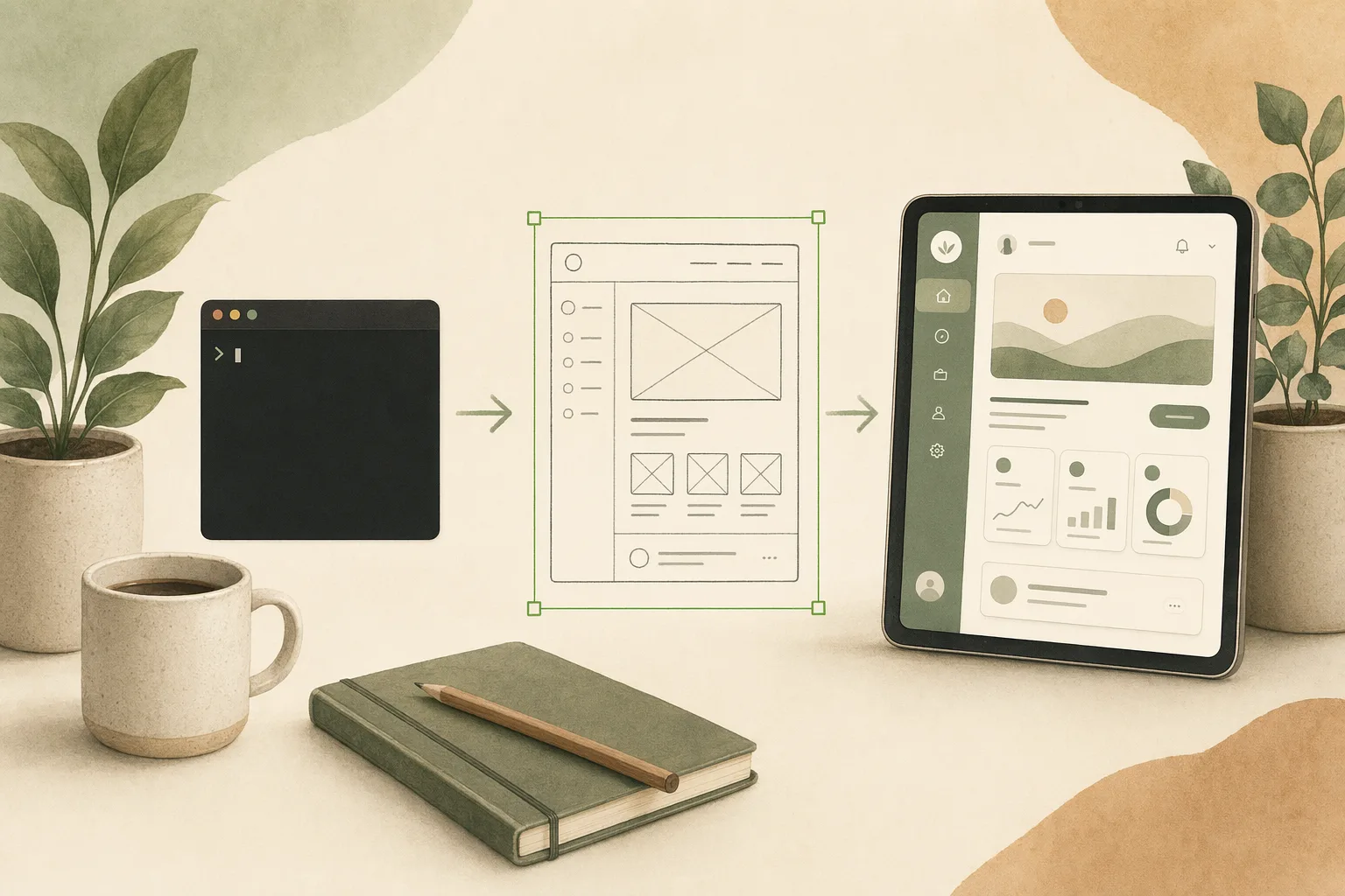 Editorial illustration of a prompt turning into an editable wireframe and then a finished UI, framed by a green selection box