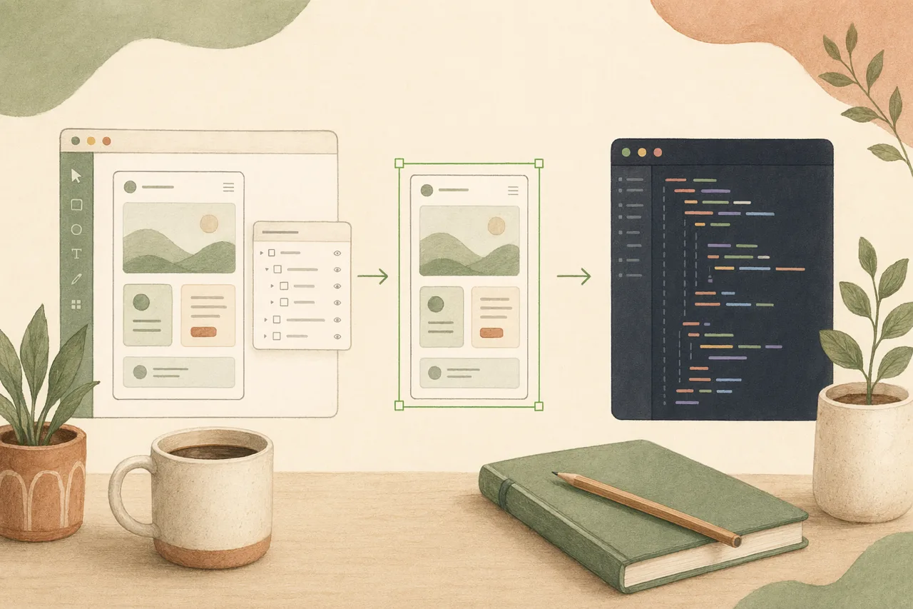 Editorial illustration of a Figma design turning into clean production code inside a coding agent, framed by a green selection box