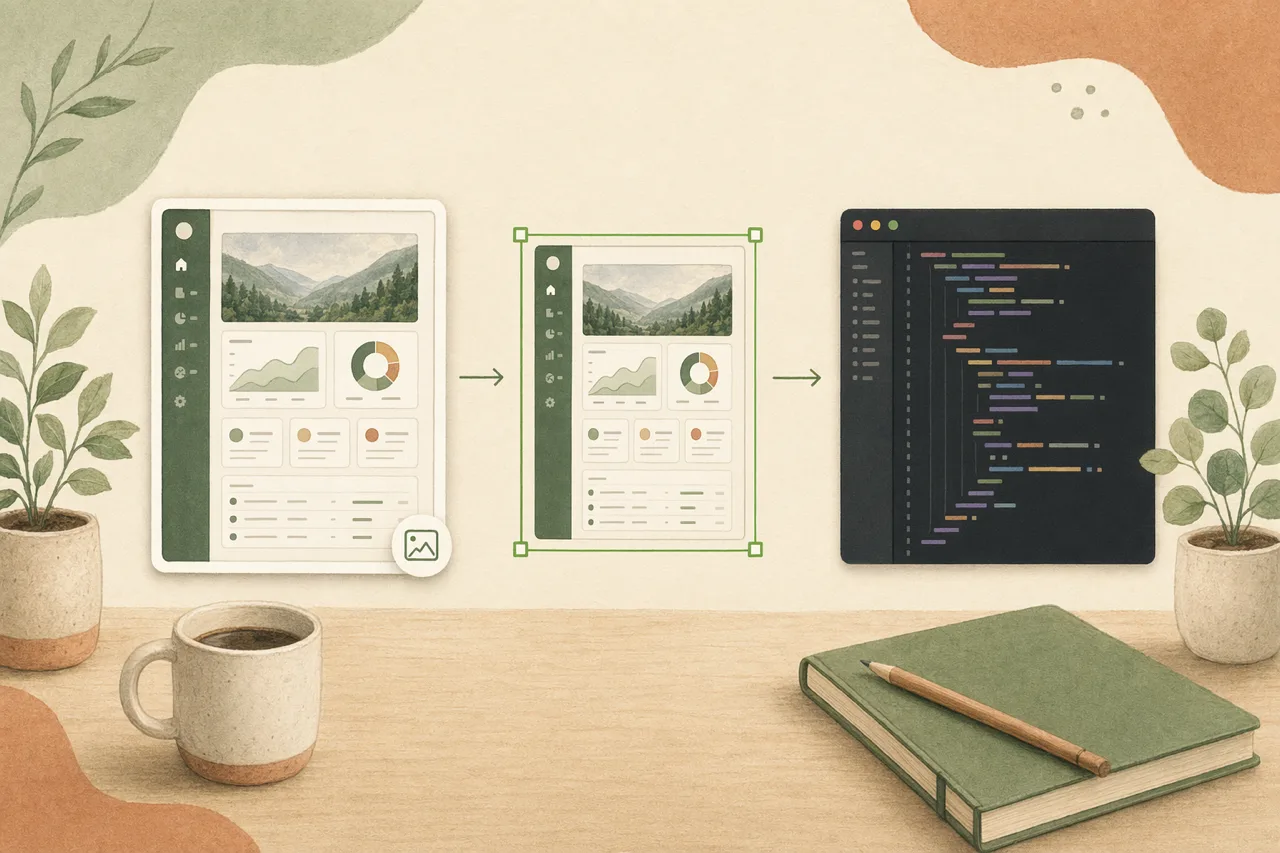 Editorial illustration of a UI screenshot turning into clean production code inside a coding agent, framed by a green selection box