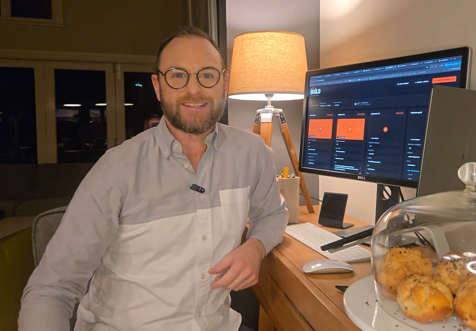 Stuart Gardoll at his Let's Build desk, the Open Design motion editor on screen
