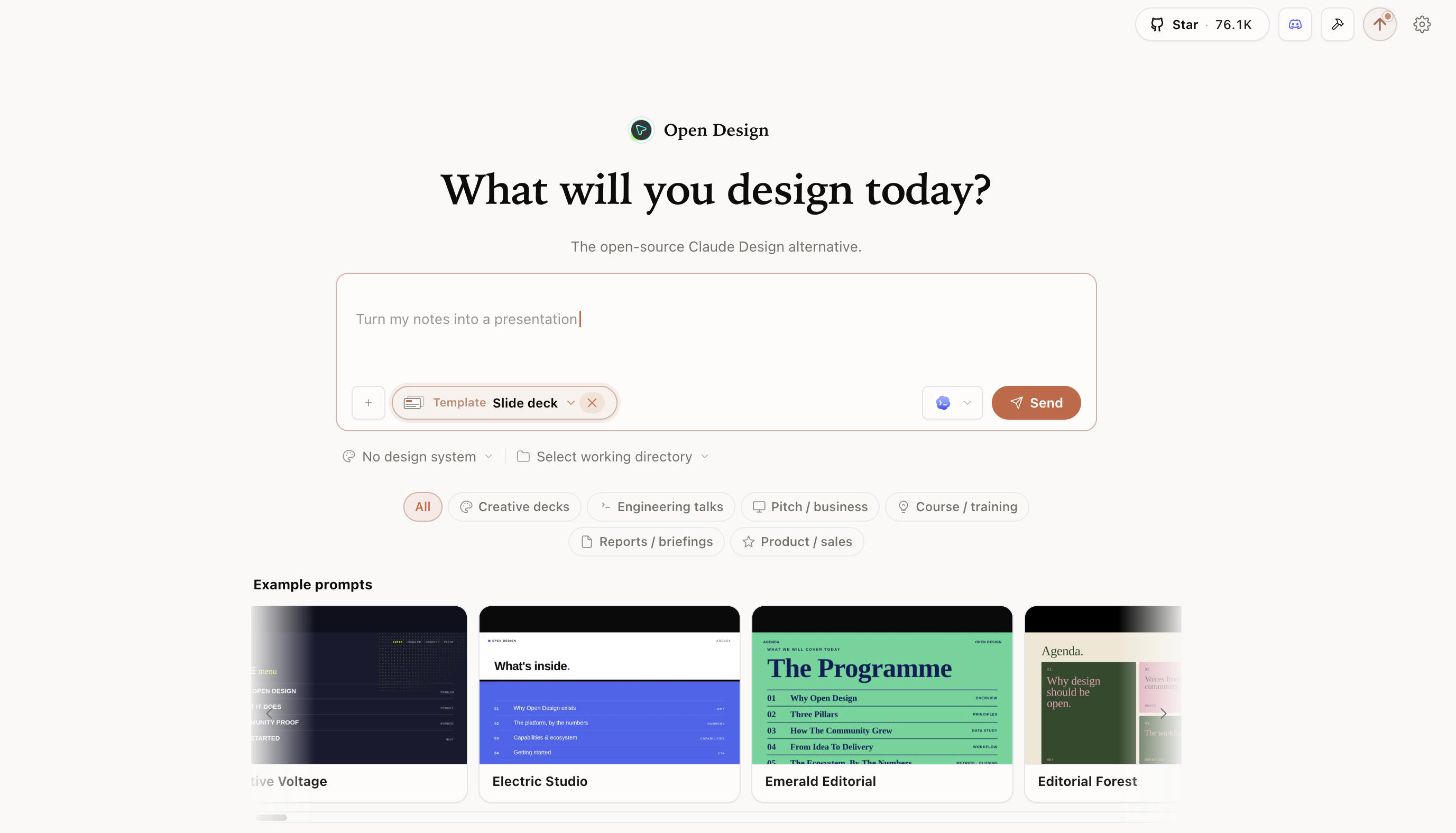 Open Design Deck Mode selected in the prompt composer