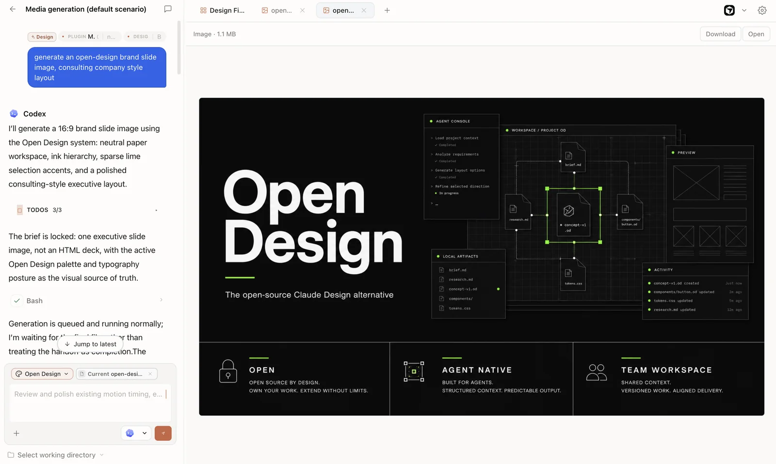 A dark Open Design slide image generated in Image Mode