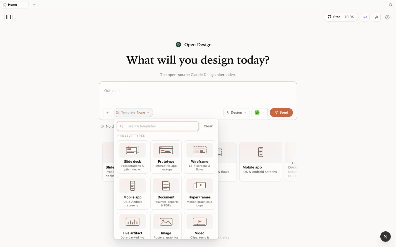 The Open Design templates library, with prototype, image, and video starting points.